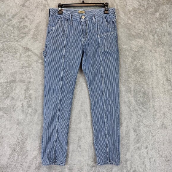 True Religion Jeans Womens 27 Blue White Audrey Carpenter Slim Stripe Made USA - Picture 1 of 12